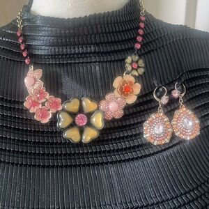 Pretty Pink Embellished Flower Necklace and  Earring Set